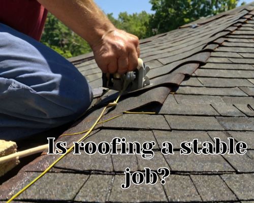 A roofer fastens shingles with precision.