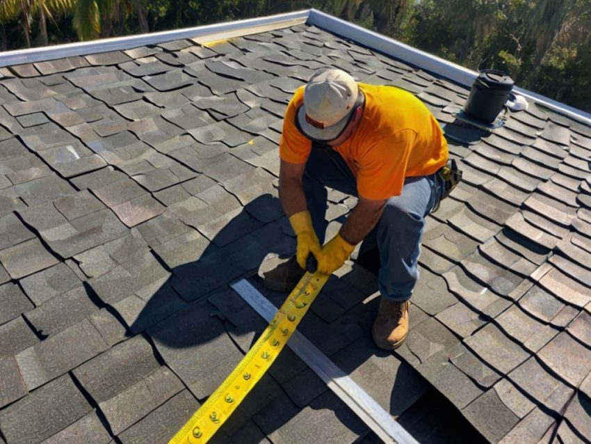 Focused hands at work on roof.